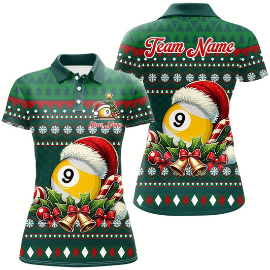 Goofygear Funny Green Christmas Santa Hat 9 Ball Pool Billiard Shirts For Women Custom Xmas Billiard Jerseys