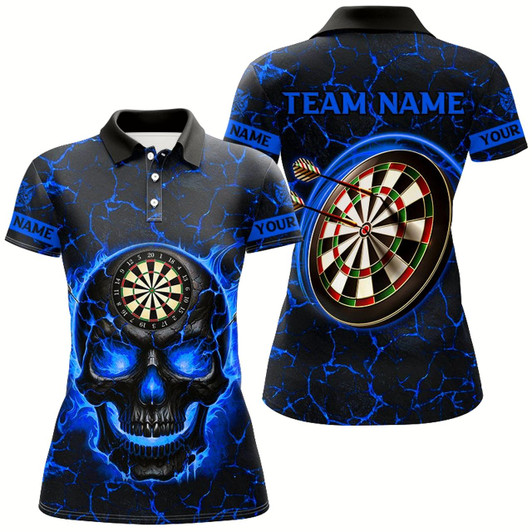 Goofygear Personalized Fire Flame Skull Magma Pattern Women Darts Shirts, Dart League Shirts Team Jerseys Blue Style 2