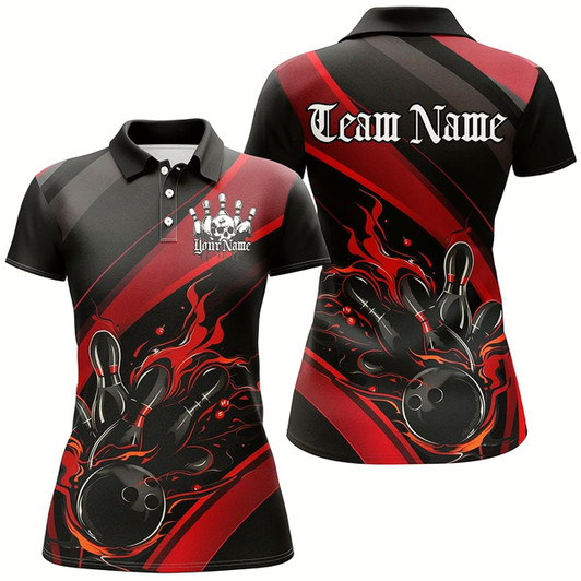 Goofygear Custom Black And Red Flame Bowling Shirts For Women, Skull Halloween Bowling Team Outfits