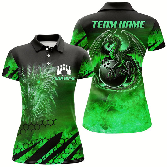 Goofygear Black And Green Custom Dragon Flame Bowling Shirts For Women, Dragon Fire Bowling Team Shirts