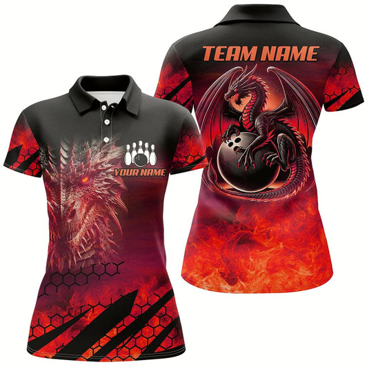 Goofygear Black And Red Custom Dragon Flame Bowling Shirts For Women, Dragon Fire Bowling Team Shirts