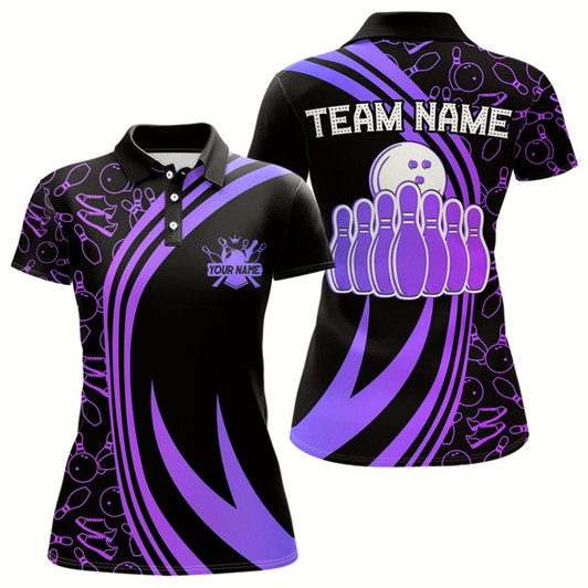 Goofygear Black Women Bowling Shirts Custom Purple Neon Team League Bowling Jerseys, Gifts For Bowlers
