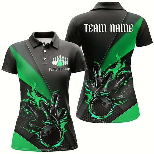 Goofygear Black And Green Custom Flame Bowling Tournament Jerseys For Women, Bowling Team Shirts