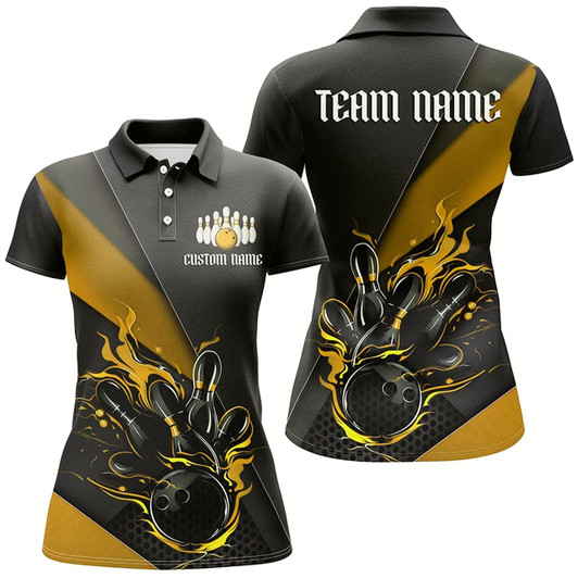 Goofygear Black And Yellow Custom Flame Bowling Tournament Jerseys For Women, Bowling Team Shirts