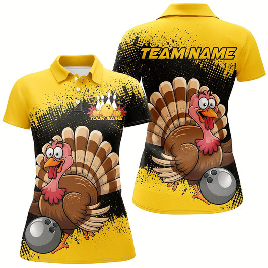 Goofygear Black And Yellow Custom Funny Turkey Bowling Shirts For Women, Thanksgiving Bowling Uniform