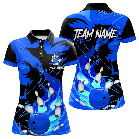 Goofygear Eagle Flame Bowling Ball And Pins Custom Women Bowling Shirts, Team Bowling Jerseys Blue