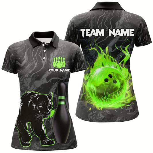 Goofygear Black Camo Panther Green Flame Bowling Shirts For Women Custom Bowling Team League Jersey
