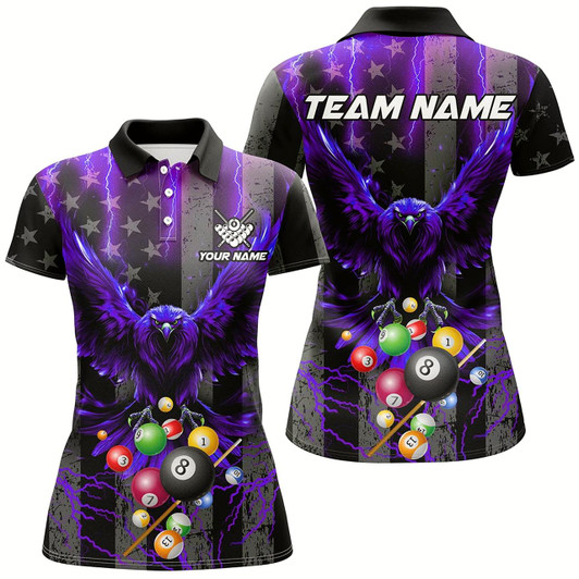 Goofygear Purple American Flag Thunder Lightning Eagle Billiard Shirt For Women, 3D Pool Balls Billiard Jerseys