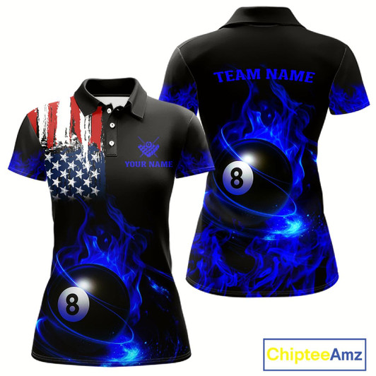 Goofygear Blue Flaming American Flag 8 Ball Billiard Shirt For Women Custom Patriotic Pool Team Jersey