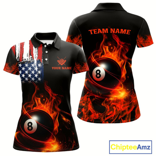 Goofygear Orange Flaming American Flag 8 Ball Billiard Shirt For Women Custom Patriotic Pool Team Jersey
