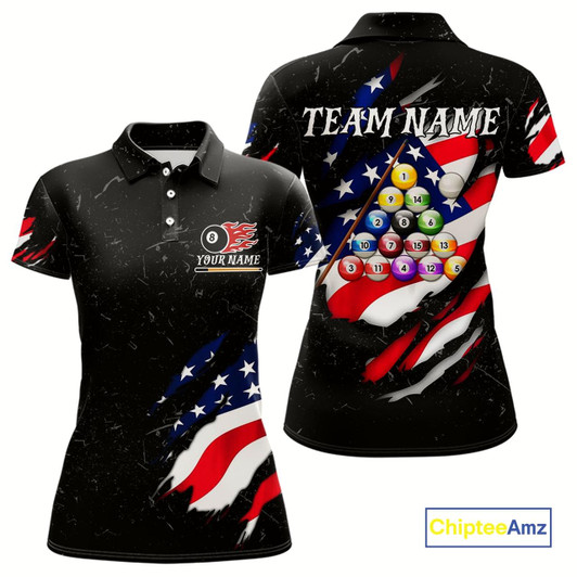 Goofygear Personalized Black Grunge American Flag Billiard Shirt For Women Custom Patriotic 8 Ball Pool Jersey