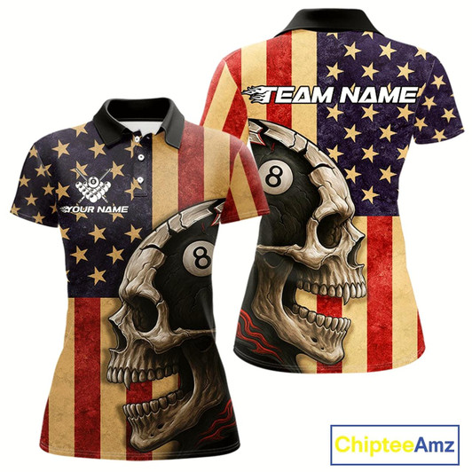 Goofygear Vintage American Flag Skull Billiard Shirt For Women Custom 8 Ball Patriotic Pool Team Jerseys