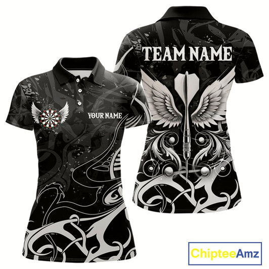 Goofygear Grey And Black Custom Wings Darts Shirt For Women, Darts Jersey Pocket Option