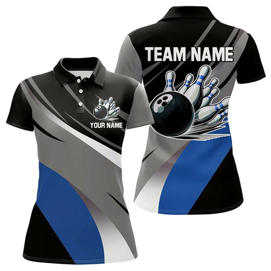 Goofygear Personalized Black, Gray And Blue Bowling Shirts For Women, Bowling Balls And Pins Bowling Team Shirts