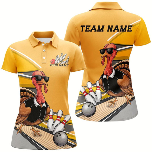 Goofygear Custom Yellow Funny Turkey Bowling Team Shirts For Women, Thanksgiving Bowler Outfits Style 3