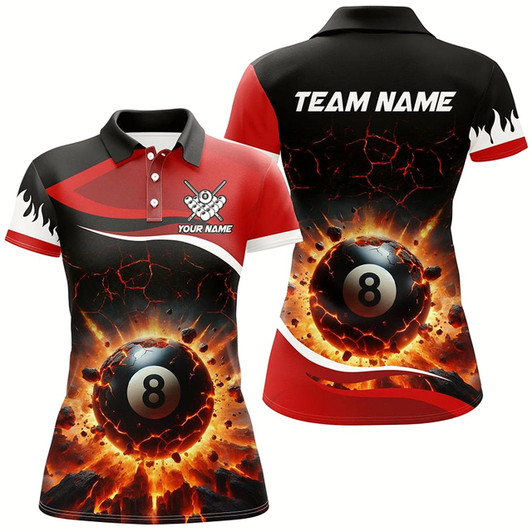 Goofygear Personalized Red 8 Ball Pool Crack Flame Women Billiard Jerseys, Team League Billiard Team Shirts