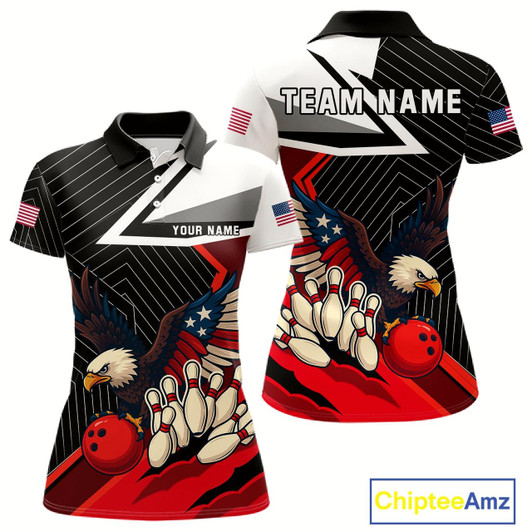 Goofygear Black And Red American Flag Eagle Bowling Shirts For Women Custom Patriotic Team Bowling Jersey