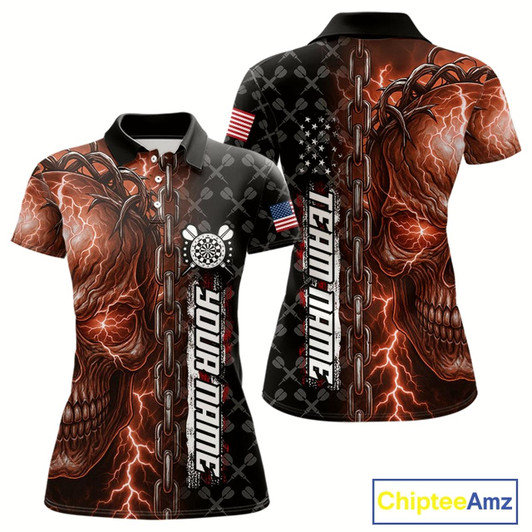 Goofygear Personalized Orange Darts Skull Thunder Lightning Darts Shirt For Women, Us Flag Darts Team Jersey
