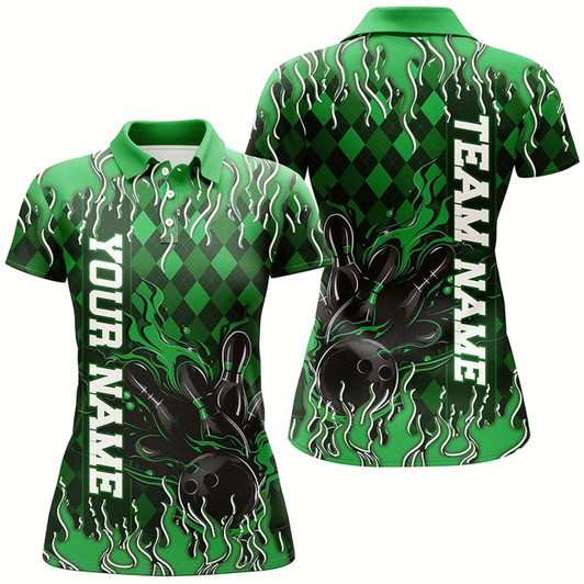 Goofygear Green Argyle Pattern Custom Flame Strike Bowling Shirts For Women, Bowling Team Outfit