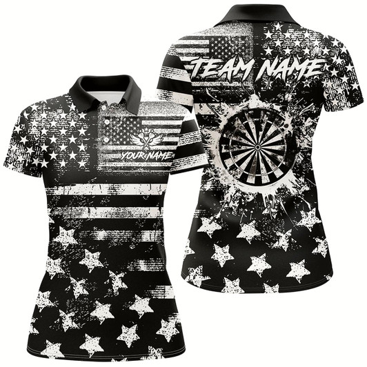 Goofygear Custom Black Grunge Us Flag Patriotic Darts Shirt For Women, Retro Darts Board Darts Team Jerseys Style 1