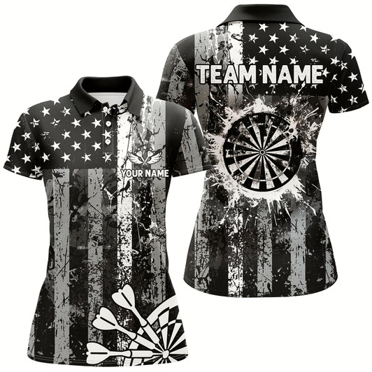 Goofygear Custom Black Grunge Us Flag Patriotic Darts Shirt For Women, Retro Darts Board Darts Team Jerseys Style 2