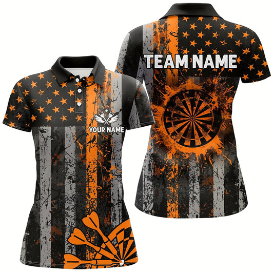 Goofygear Custom Orange Grunge Us Flag Patriotic Darts Shirt For Women, Retro Darts Board Darts Team Jerseys