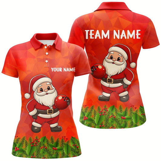 Goofygear Personalized Funny Santa Christmas Women Bowling Shirts, Christmas Bowling Shirts Team Uniform Red