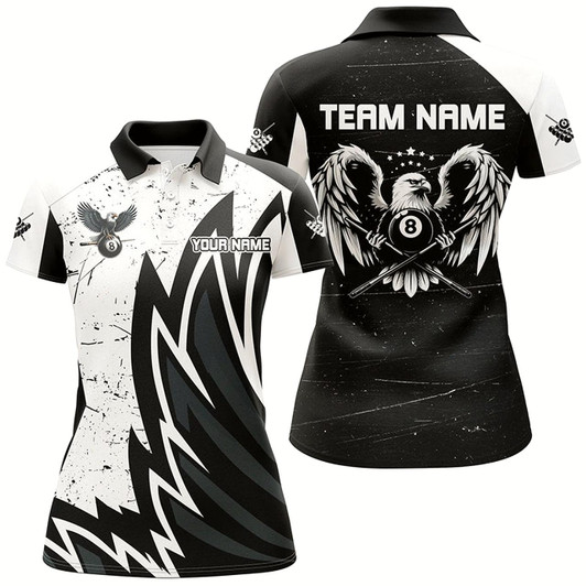 Goofygear Personalized Grunge Black White Eagle Wings Billiard Shirts For Women, Billiard Jersey Short Sleeves