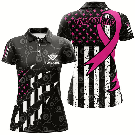 Goofygear Pink Ribbon American Flag Custom Patriotic Billiard Jerseys For Women, Breast Cancer Billiard Shirts