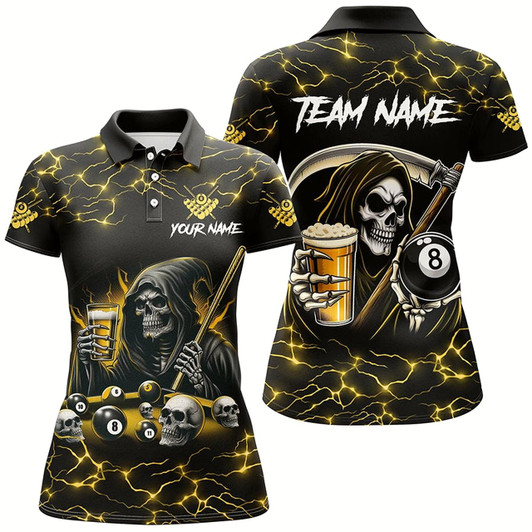 Goofygear Yellow Funny Death Skeleton & Beer Billiard Shirts For Women Custom 8 Ball Lightning Billiard Jerseys