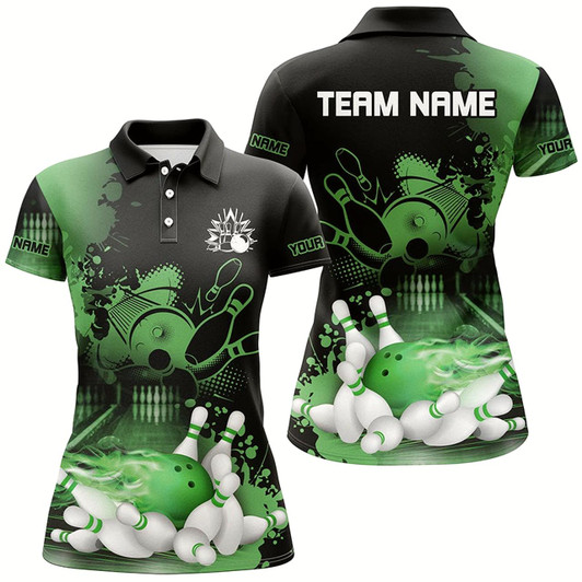 Goofygear Black And Green Flame Bowling Shirts For Women Custom Bowling Team League Jerseys, Gift For Bowlers
