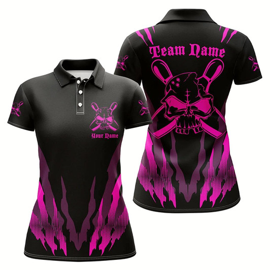 Goofygear Custom Bowling Shirts For Women, Skull Bowling Team Shirts Bowling Pin Pink Style 2