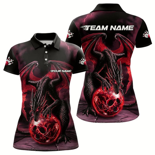 Goofygear Black And Red Custom Bowling Team Shirts For Women, Dragon Bowling Uniform Bowler Outfits