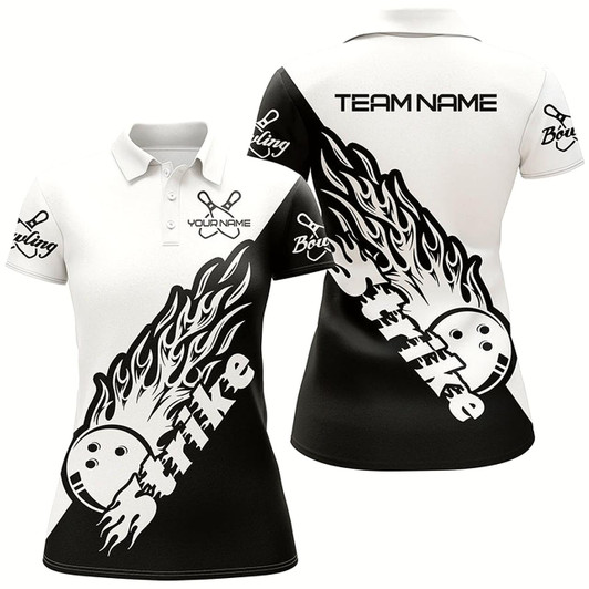 Goofygear Custom Bowling Shirts For Women, Bowling Team Shirts Bowling Strike Black And White