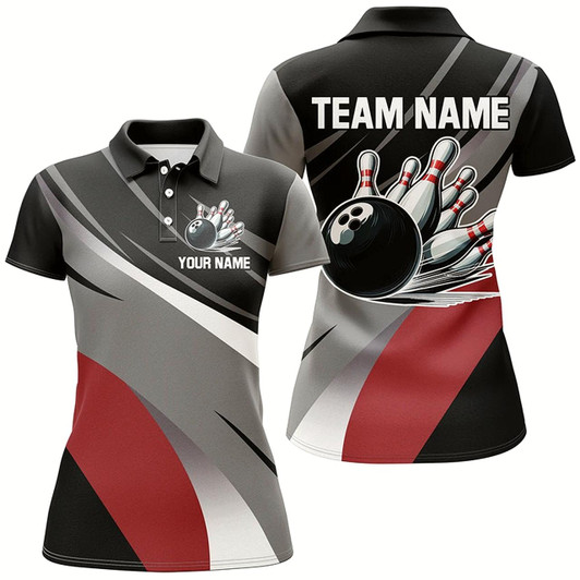 Goofygear Personalized Black, Gray And Red Bowling Shirts For Women, Bowling Balls And Pins Bowling Team Shirts