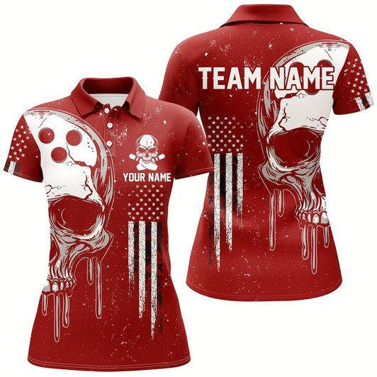 Goofygear Personalized Red White Grunge American Flag Skull Women Bowling Team Shirt, Patriotic Bowling Jersey