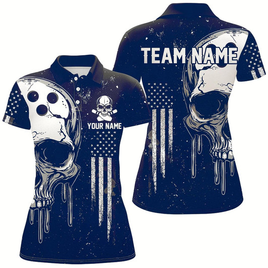 Goofygear Personalized Blue White Grunge American Flag Skull Women Bowling Team Shirt, Patriotic Bowling Jersey