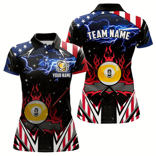Goofygear 9 Ball Pool Billiard Jerseys Custom Lightning American Flag Women Billiard Shirts, 9 Ball Team Shirts
