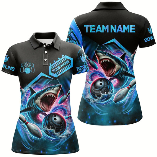 Goofygear Personalized Black And Blue Angry Shark Bowling Shirt For Women Custom Team'S Name Bowler Jersey
