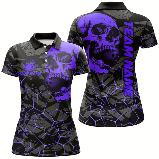 Goofygear Black Skull Camo Bowling Shirt For Women Custom Bowling Team Jerseys, Gifts For Bowlers Purple