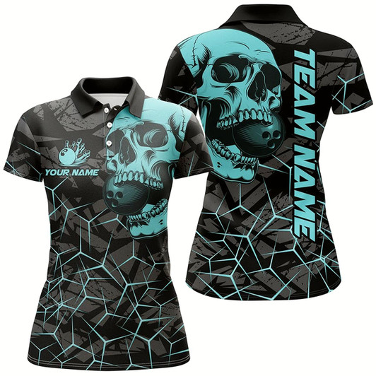 Goofygear Black Skull Camo Bowling Shirt For Women Custom Bowling Team Jerseys, Gifts For Bowlers Turquoise