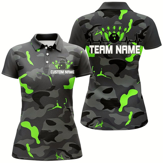 Goofygear Green Camo Bowling Pulse Heartbeat Custom Team Shirts For Women, Camouflage Bowler Outfit