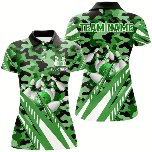 Goofygear Custom Green Camo Bowling Shirts For Women, Personalized Bowling Team Jerseys