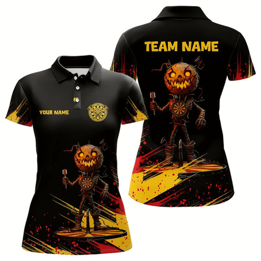 Goofygear Custom Black-Yellow Pumpkins Funny Halloween Dart Shirts For Women Dart Tournament Jerseys