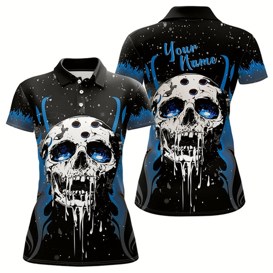 Goofygear Custom Black And Blue Flame Galaxy Skull Bowling Shirts For Women, Skull Bowling Team Shirts Uniform