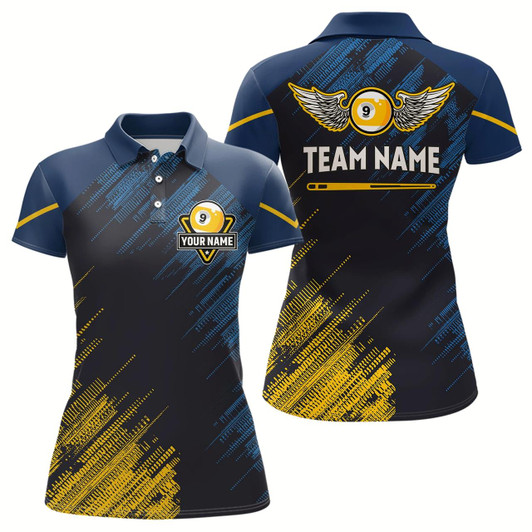 Goofygear Personalized Blue Yellow 9 Ball Pool Wings Women'S Billiard Shirts, 9 Ball Billiard Team Shirt Jersey