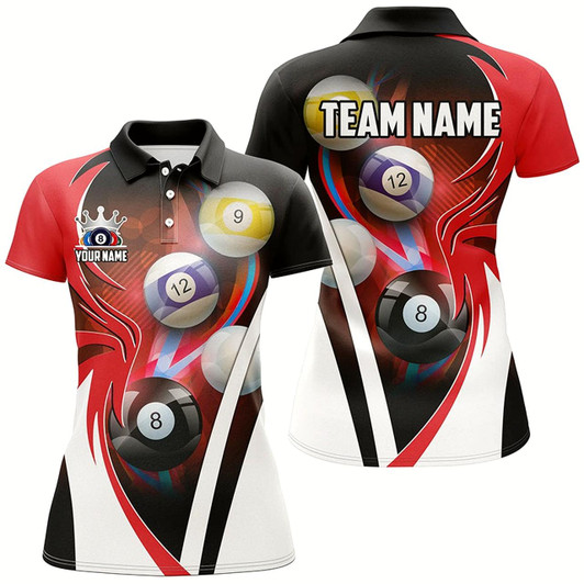 Goofygear Personalized Billiard Tournament Shirts For Women Custom Team Name Billiard Balls Pool Jerseys Red Style 2