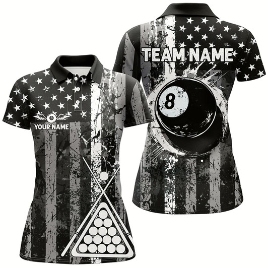 Goofygear Custom Black Grunge Us Flag Patriotic Billiard Shirt For Women Retro 8 Ball Pool Billiard Team Jersey