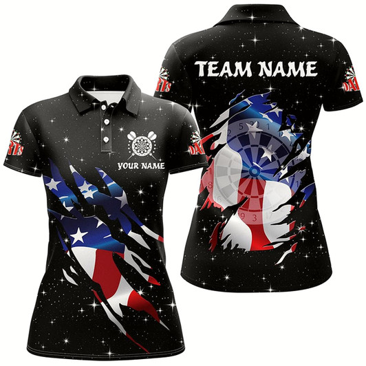 Goofygear Personalized Galaxy American Flag Darts Shirts For Women Custom Patriotic Darts Team Jerseys Black