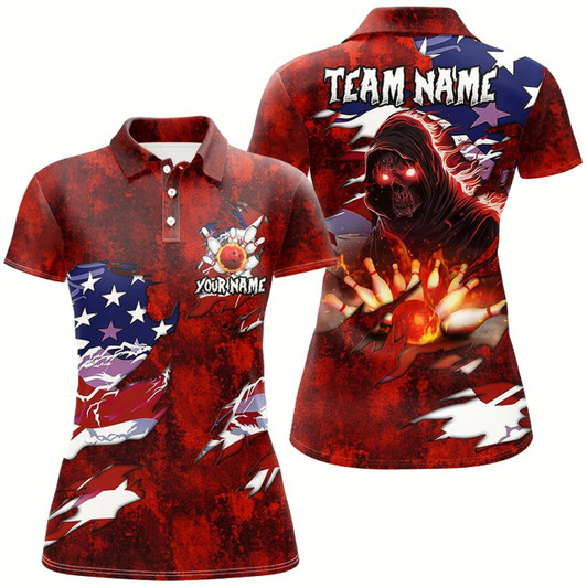 Goofygear Personalized Red Grunge American Flag Skull Bowling Shirt For Women Custom Team'S Name Bowler Jerseys